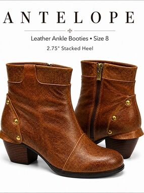 Antelope Leather Ankle Boots Size 8 Brown Stacked Heel 2.75” Boho Western